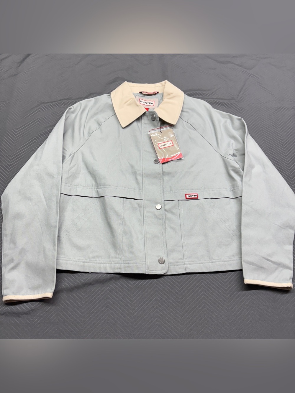 Hunter Women’s Collared Canvas Jacket Olive Grey/Cream Cropped Oversized Size S